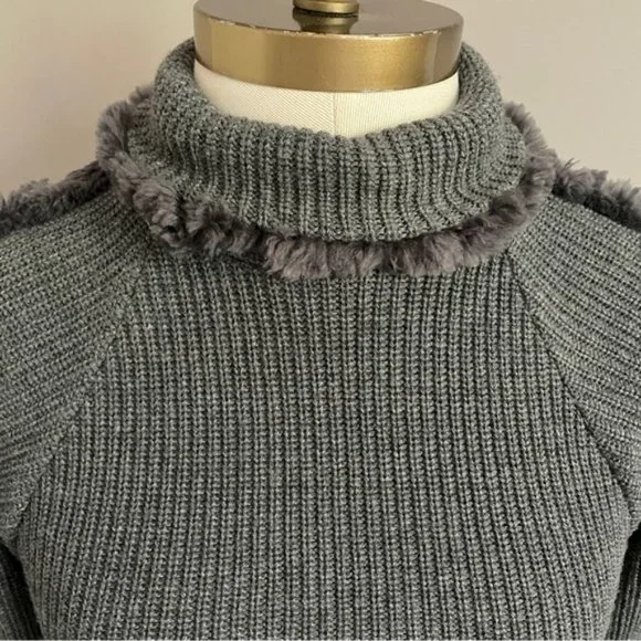 Frett Gray Wool Blend Fur Trimmed Turtleneck Tunic Sweater Mini Dress - S 🇨🇦 - Picture 4 of 13